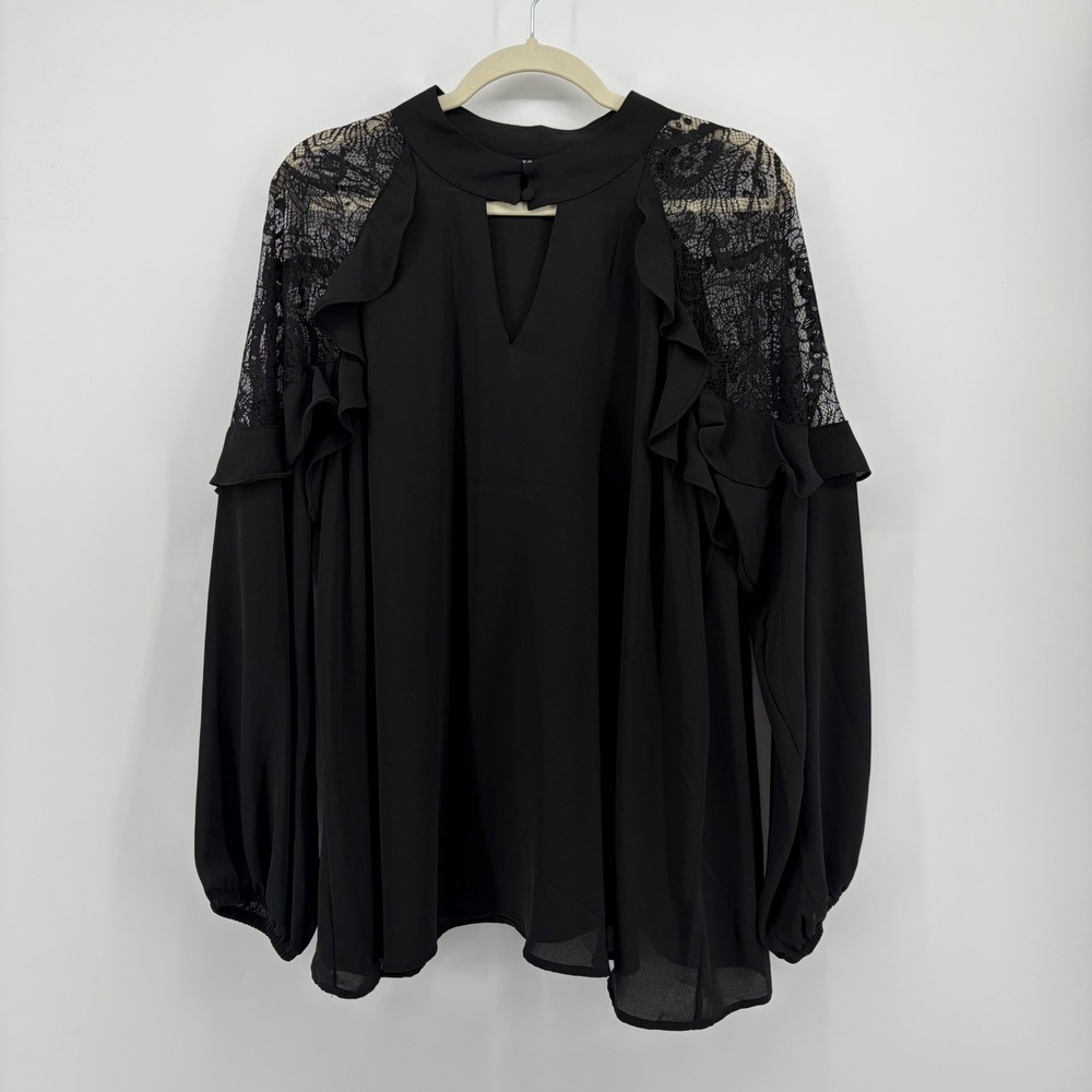 Torrid Womens 1X Black Chiffon Blouse Ruffle Lace Shoulder Keyhole Mock Neck Top